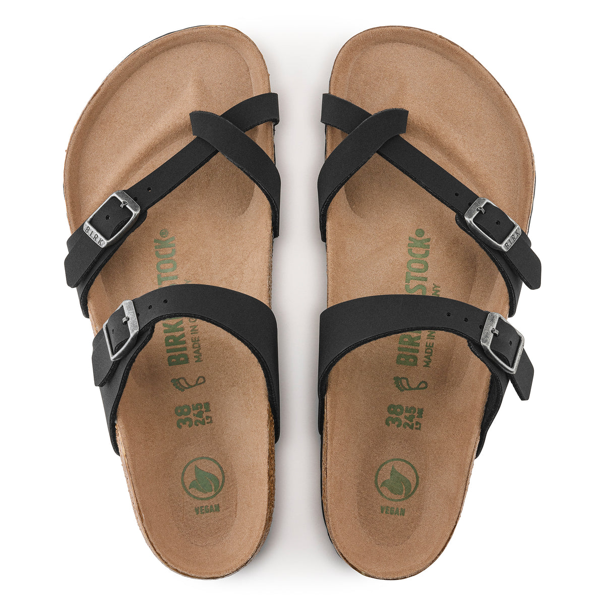Overhead view of the Birkenstock Mayari Vegan Sandal Birkibuc in Black