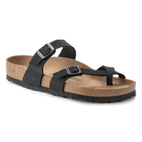 Front detail view of the Birkenstock Mayari Vegan Birkibuc Sandal in Black