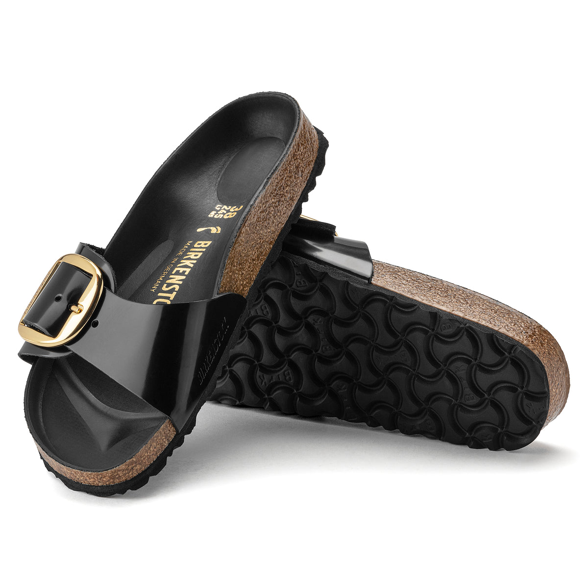 Birkenstock Madrid Big Buckle Slide in Black High-Shine Patent Leather