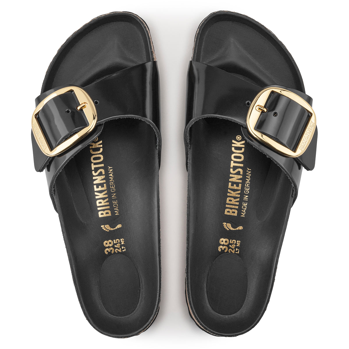 Birkenstock Madrid Big Buckle Slide in Black High-Shine Patent Leather