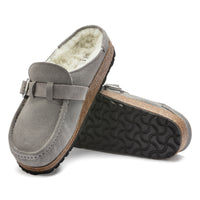 Women's Birkenstock Buckley Shearling in Stone Coin Suede Leather - Footbed and outsole detail
