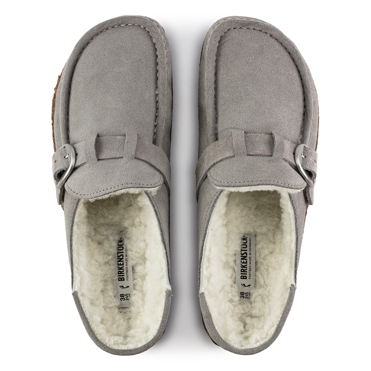 Women's Birkenstock Buckley Shearling in Stone Coin Suede Leather - Overhead shearling footbed detail