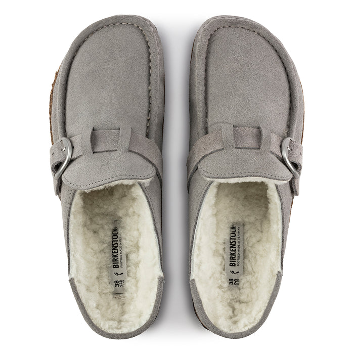 Women's Birkenstock Buckley Shearling in Stone Coin Suede Leather - Overhead shearling footbed detail