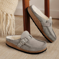 Women's Birkenstock Buckley Shearling in Stone Coin Suede Leather - Side View