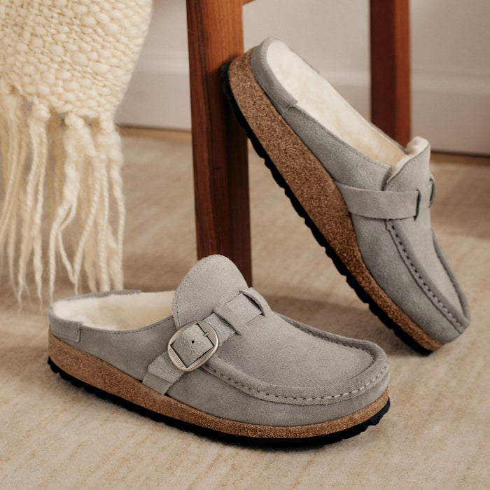Women's Birkenstock Buckley Shearling in Stone Coin Suede Leather - Side View