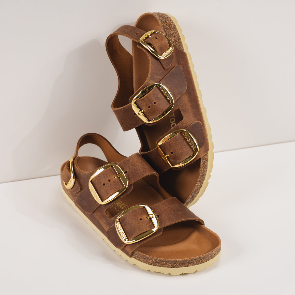Birkenstock Milano Big Buckle Sandal with Backstrap in Cognac Oiled Leather