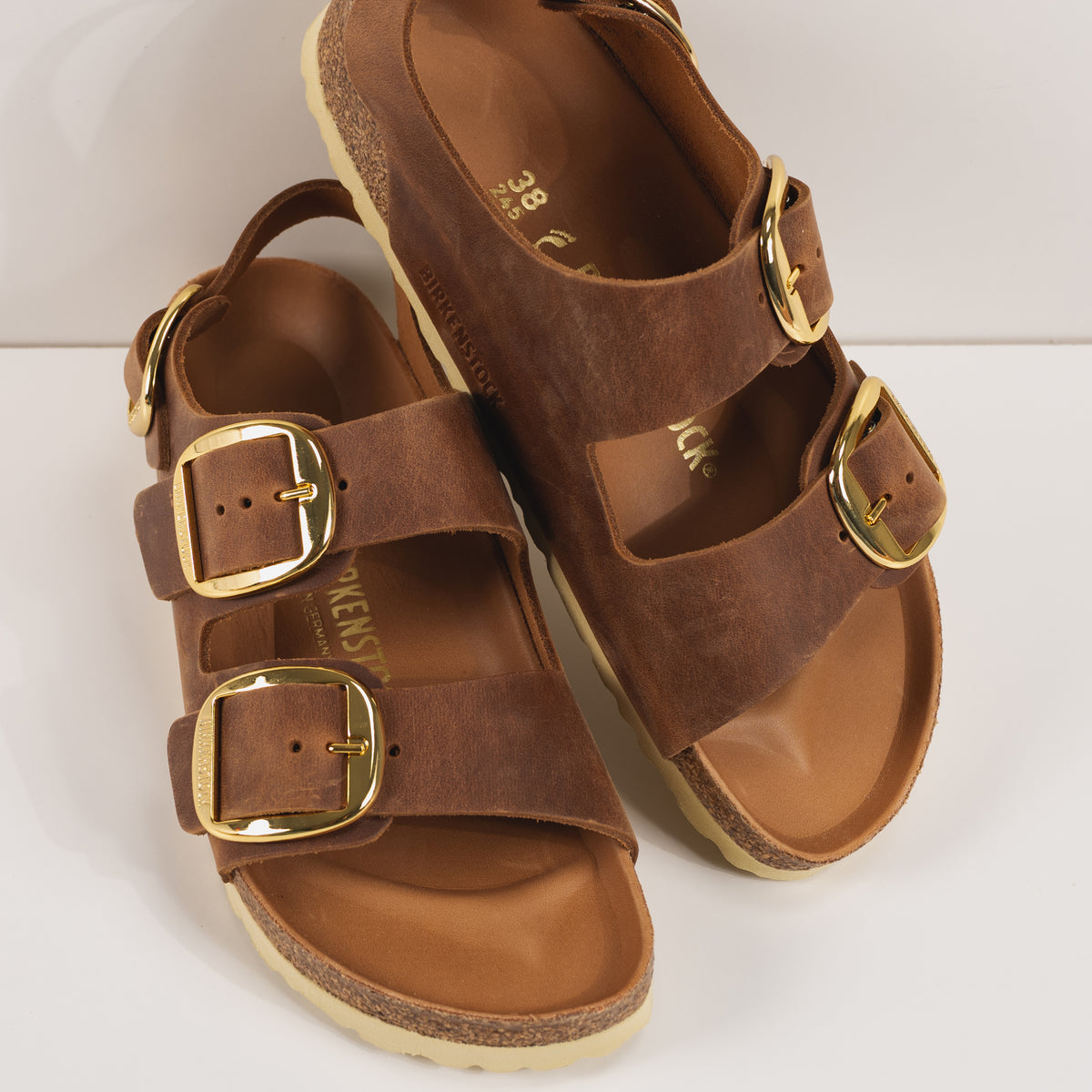 Birkenstock Milano Big Buckle Sandal with Backstrap in Cognac Oiled Leather