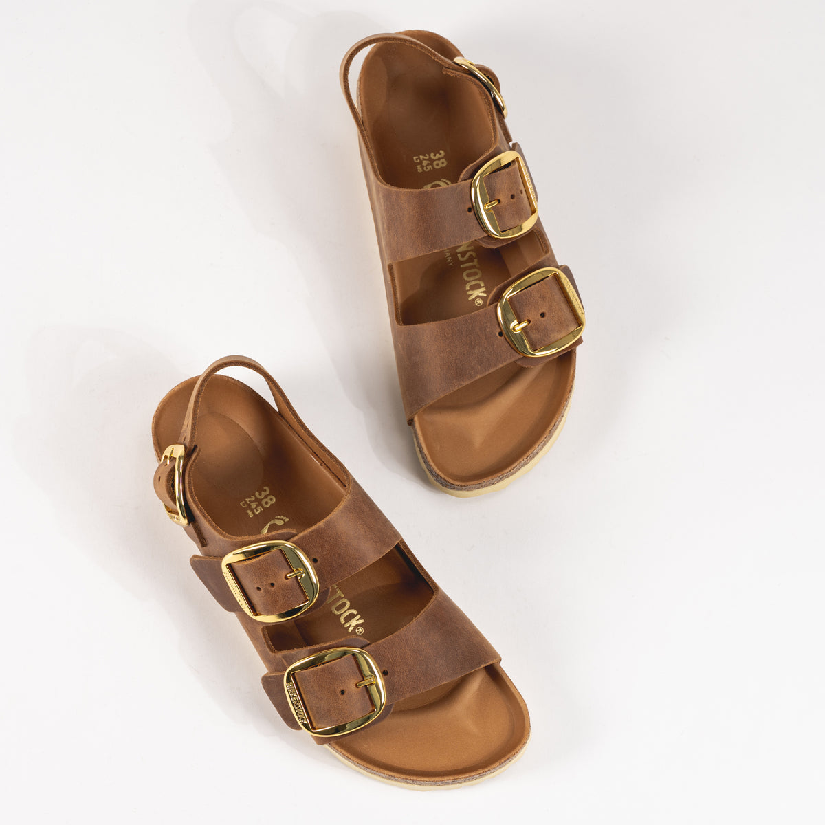 Birkenstock Milano Big Buckle Sandal with Backstrap in Cognac Oiled Leather