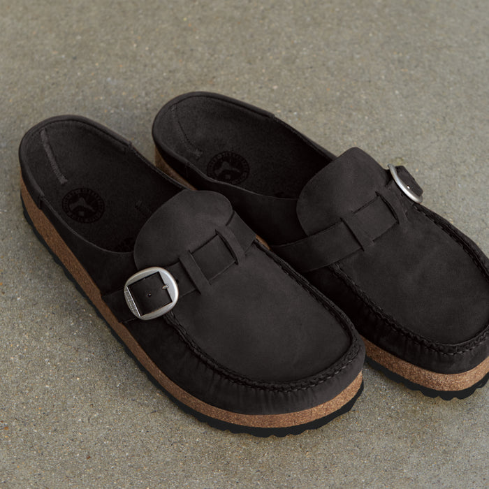 Women's Birkenstock Buckley Moccasin-Style Clog in Black Oiled Leather