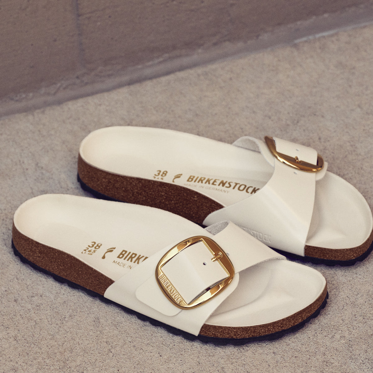 Birkenstock Madrid Big Buckle in Ecru High-Shine Leather and Golden Hardware