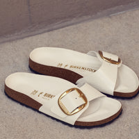 Birkenstock Madrid Big Buckle in Ecru High-Shine Leather and Golden Hardware