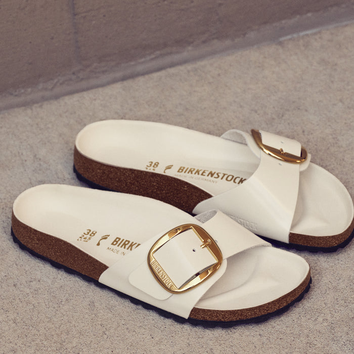 Birkenstock Madrid Big Buckle in Ecru High-Shine Leather and Golden Hardware