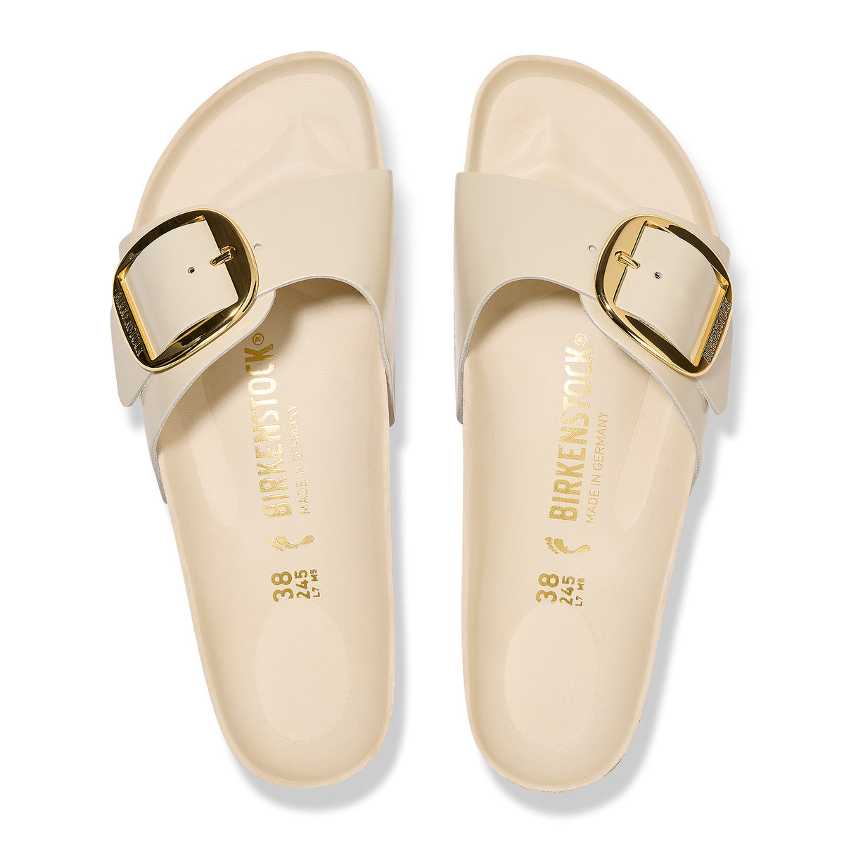 Birkenstock Madrid Big Buckle in Ecru High-Shine Leather and Golden Hardware