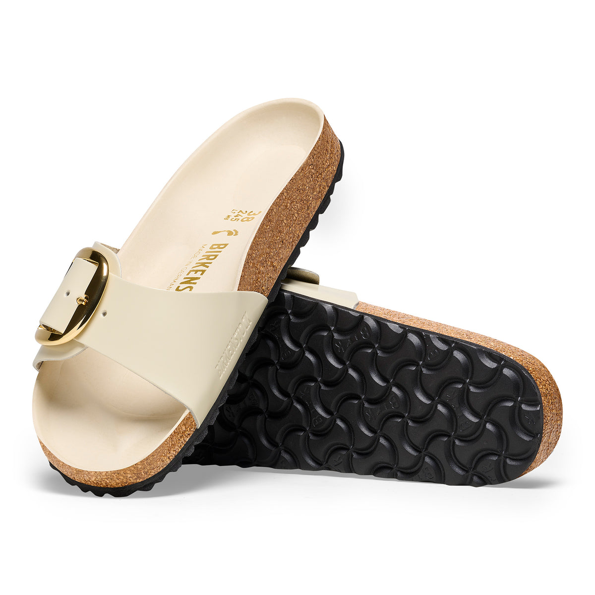 Birkenstock Madrid Big Buckle in Ecru High-Shine Leather and Golden Hardware