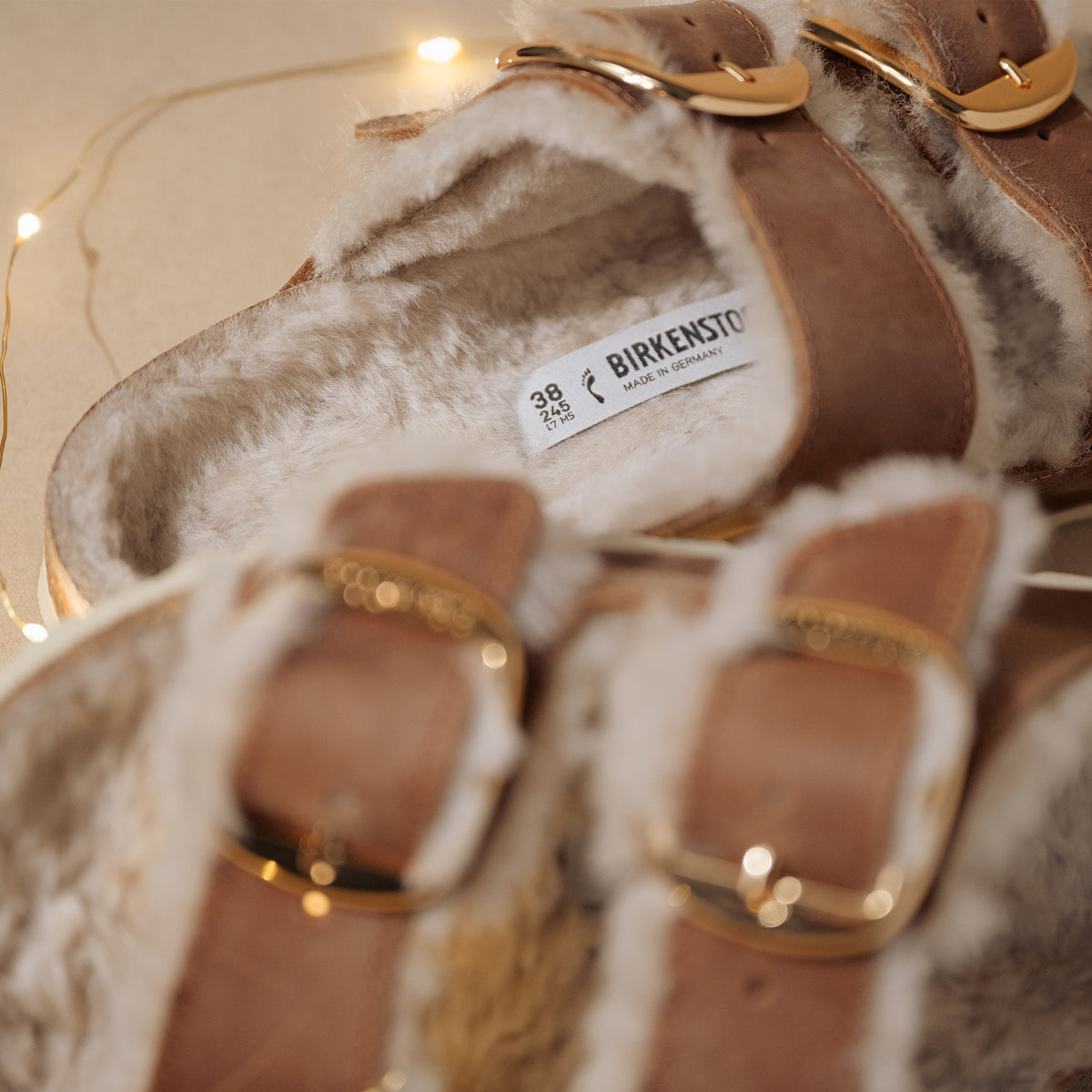 Birkenstock Arizona Big Buckle Shearling Sandal in Cognac Leather