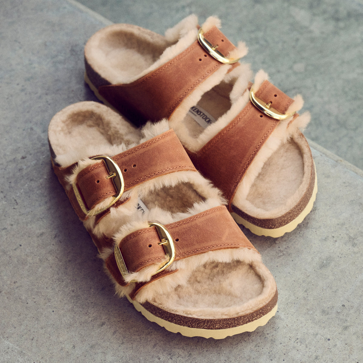 Birkenstock Arizona Big Buckle Shearling Sandal in Cognac Leather