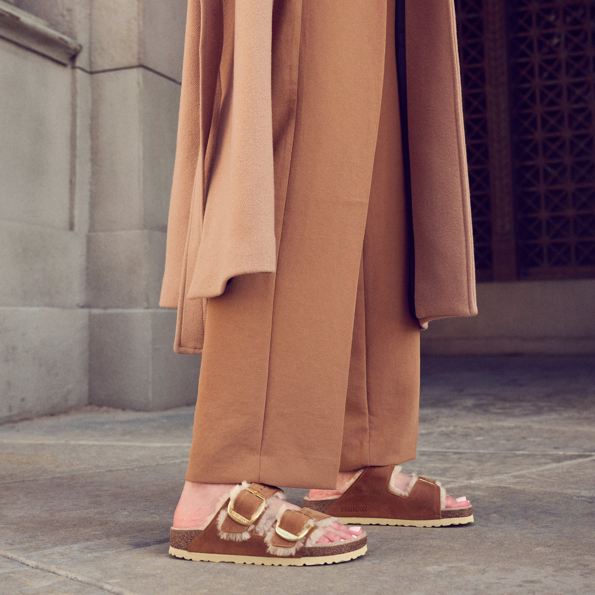 Birkenstock Arizona Big Buckle Shearling Sandal in Cognac Leather