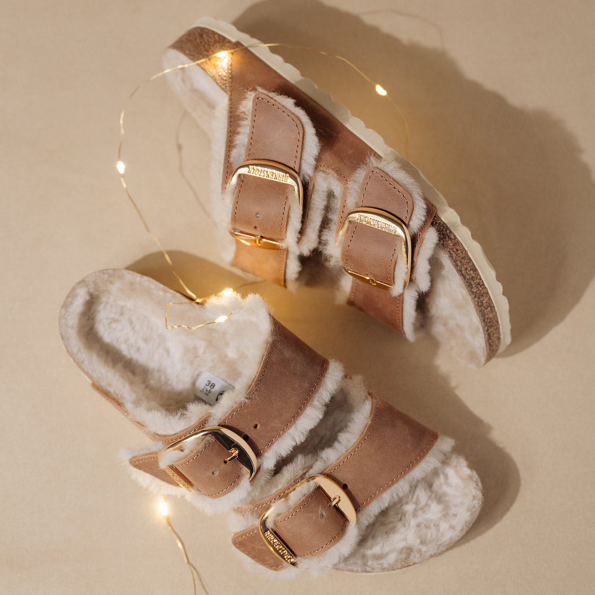 Birkenstock Arizona Big Buckle Shearling Sandal in Cognac Leather