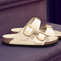 Birkenstock Arizona Big Buckle Sandal in Ecru High-Shine Patent Leather