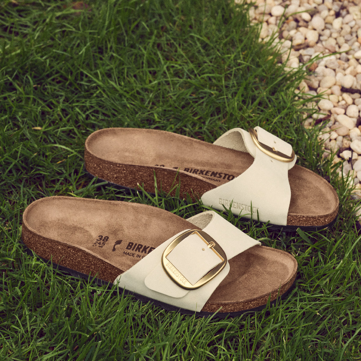 Birkenstock Madrid Big Buckle Slide in Ecru Nubuck Leather