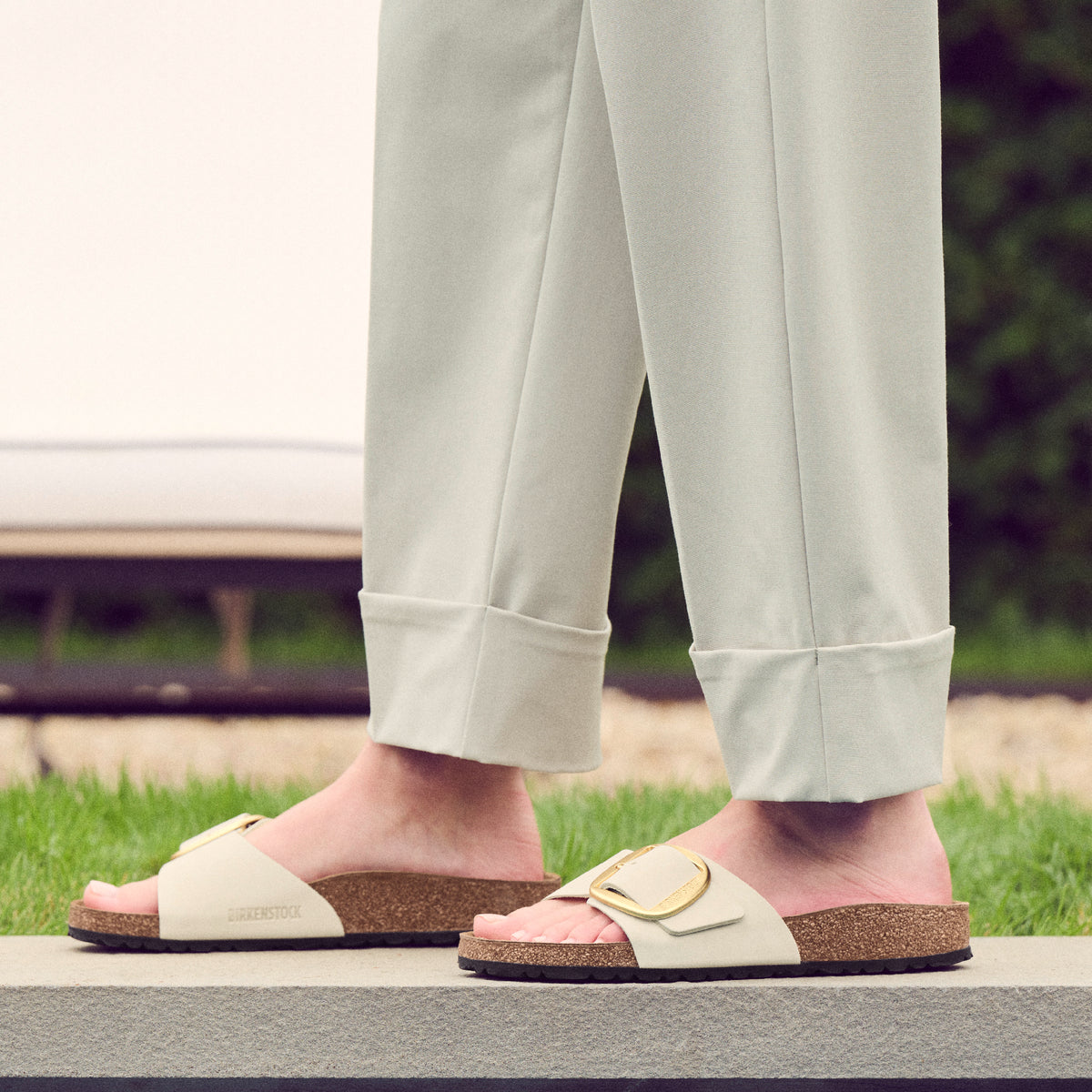 Birkenstock Madrid Big Buckle Slide in Ecru Nubuck Leather