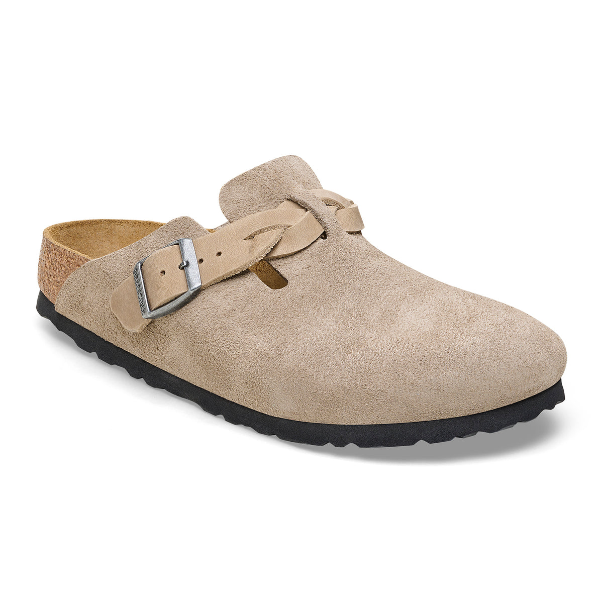 Side detail view of the Birkenstock Boston Braid in Taupe Suede. Soft upper suede with a braided leather adjustable strap