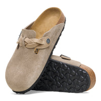 Side and bottom view of the Birkenstock Boston Braid in Taupe Suede. Contoured footbed and soft upper suede.