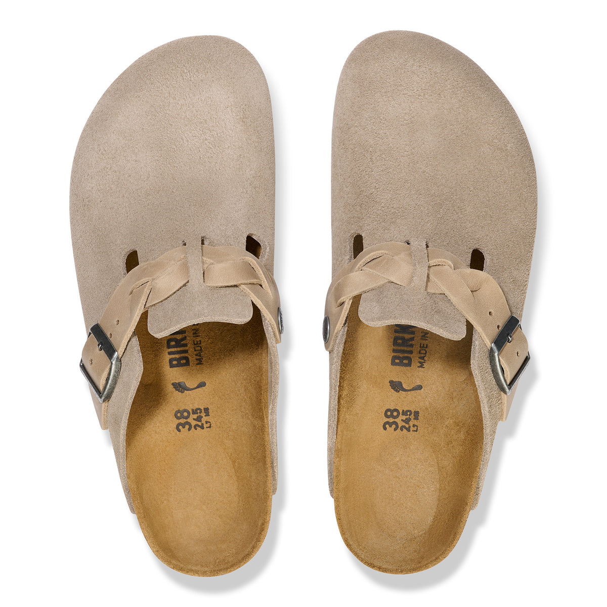 Overhead view of the Birkenstock Boston Braid in Taupe Suede. Contoured footbed and soft upper suede.
