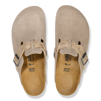 Overhead view of the Birkenstock Boston Braid in Taupe Suede. Contoured footbed and soft upper suede.