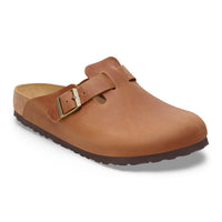 Birkenstock Boston Clog in Cognac Oiled Leather, original contoured footbed for support. Closed-toe, slip-on design.