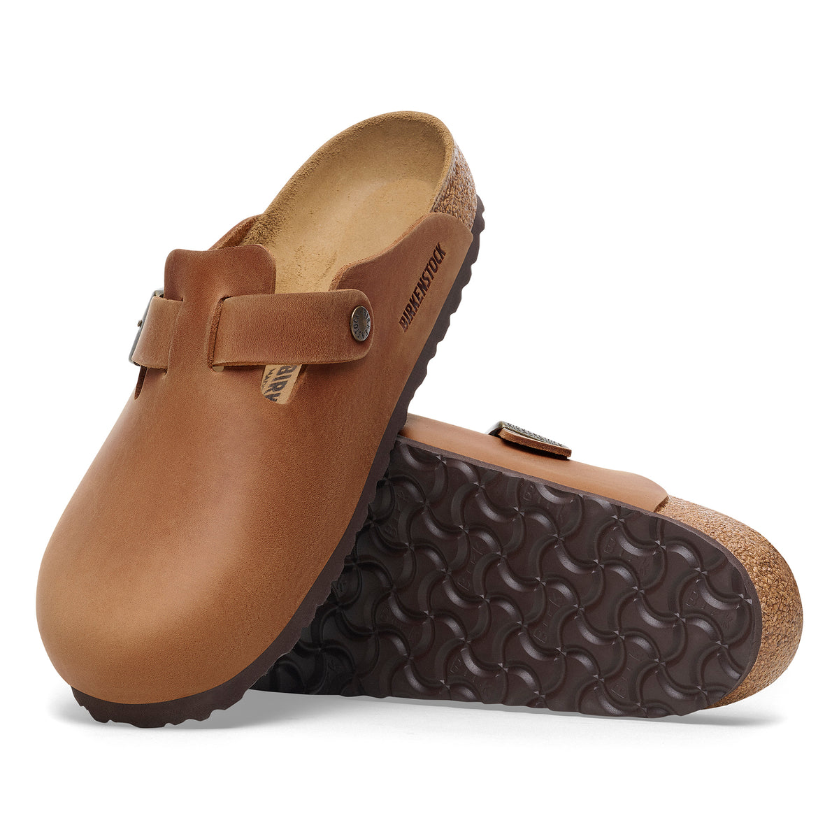 Birkenstock Boston Clog in Cognac Oiled Leather, original contoured footbed for support. Closed-toe, slip-on design.