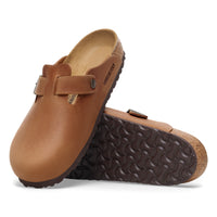 Birkenstock Boston Clog in Cognac Oiled Leather, original contoured footbed for support. Closed-toe, slip-on design.