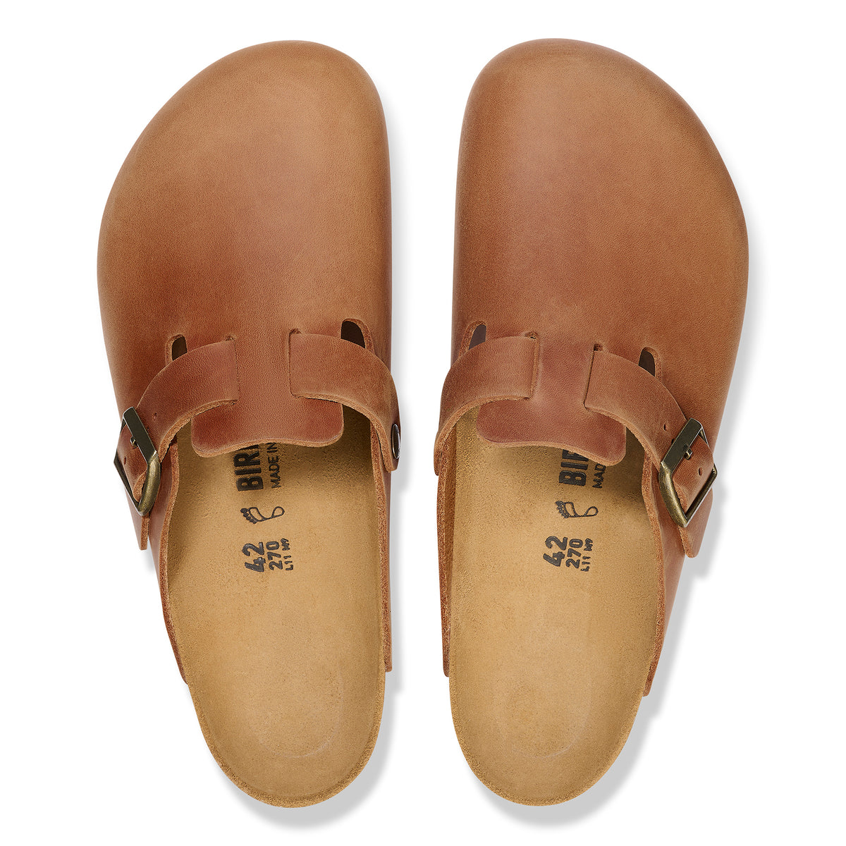Birkenstock Boston Clog in Cognac Oiled Leather, original contoured footbed for support. Closed-toe, slip-on design.