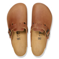 Birkenstock Boston Clog in Cognac Oiled Leather, original contoured footbed for support. Closed-toe, slip-on design.