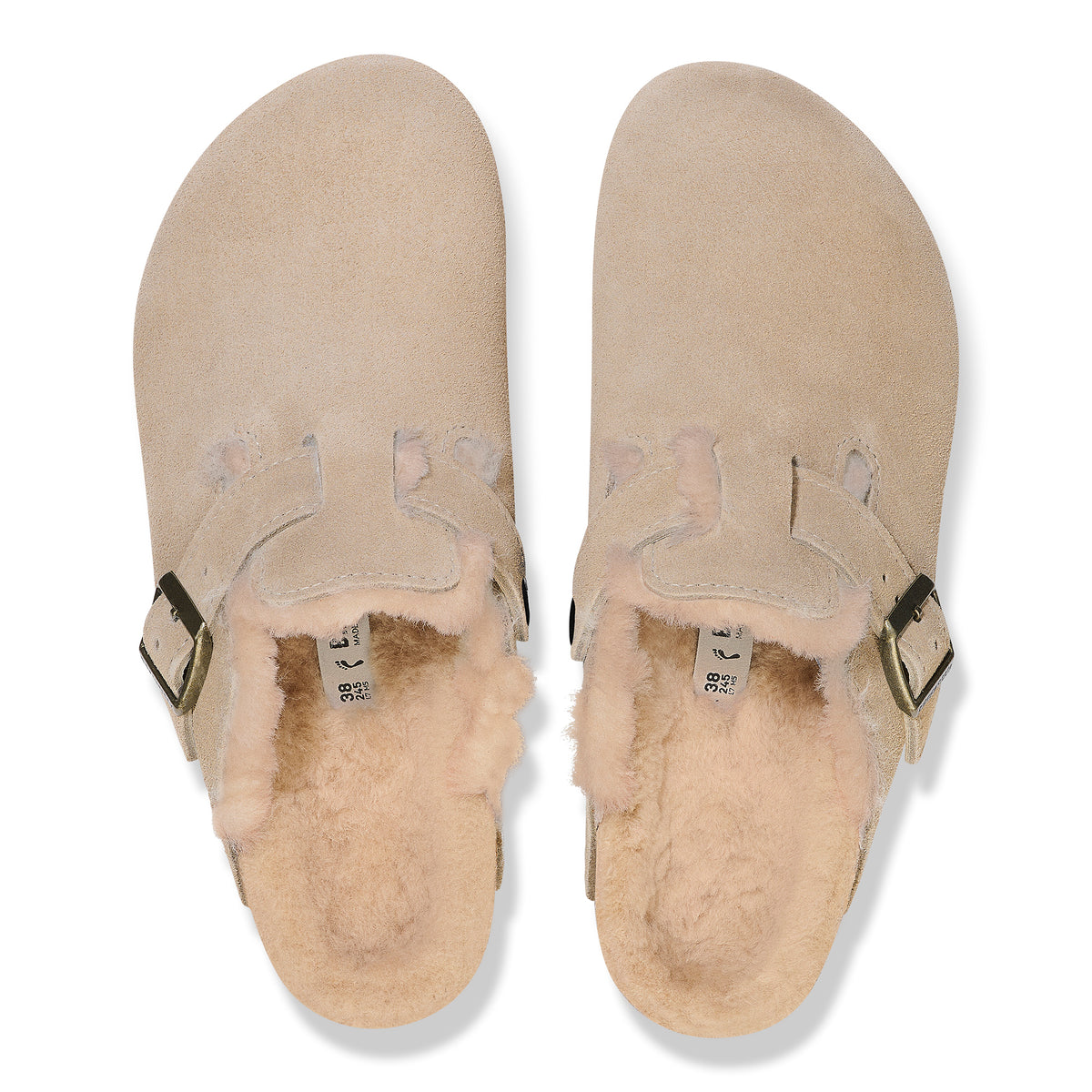 Overhead shot of Birkenstock Boston Shearling Taupe Clogs with fleece lining, displayed side-by-side