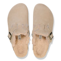 Overhead shot of Birkenstock Boston Shearling Taupe Clogs with fleece lining, displayed side-by-side