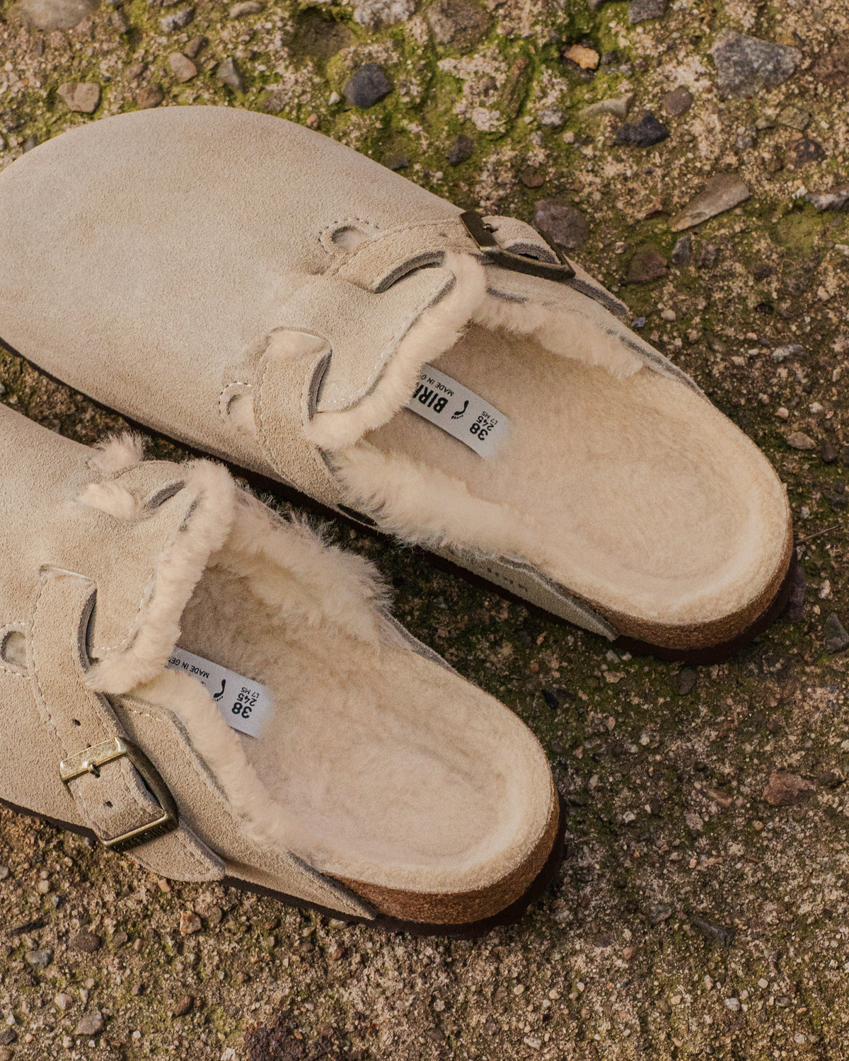 Top-down view of Birkenstock Boston Shearling Taupe Clogs highlighting soft suede upper and cozy shearling interior