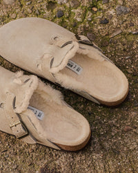 Top-down view of Birkenstock Boston Shearling Taupe Clogs highlighting soft suede upper and cozy shearling interior