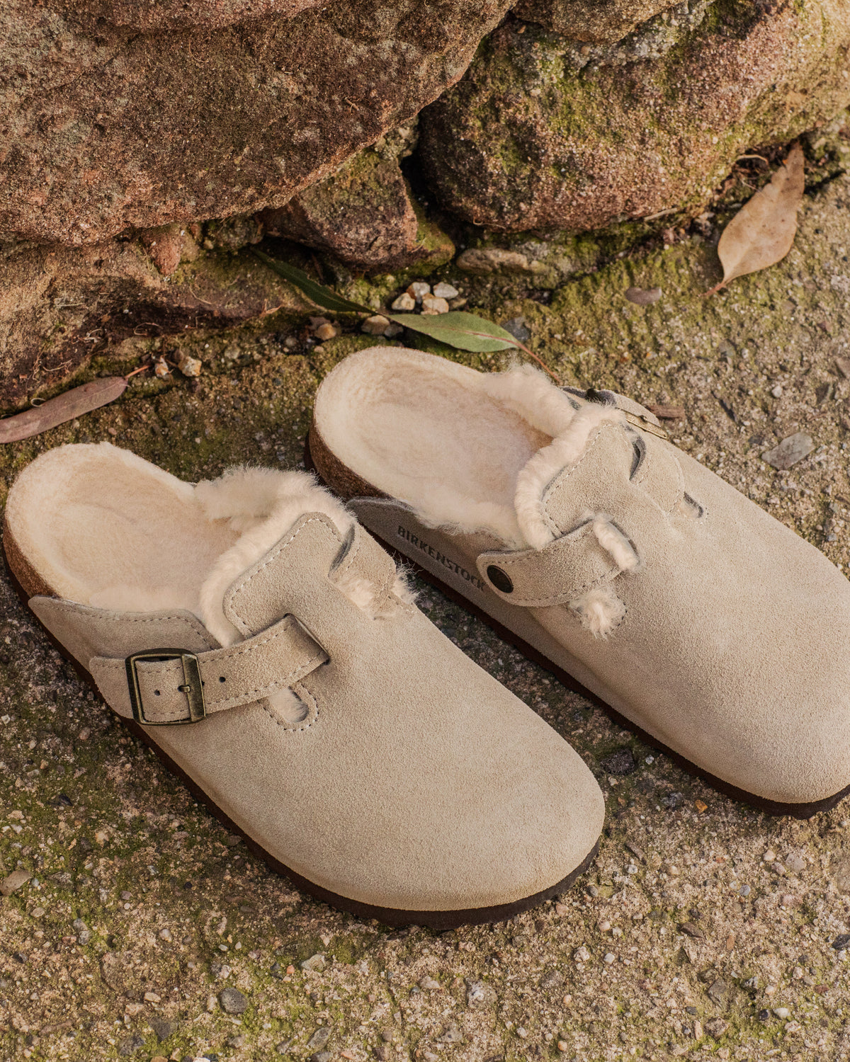 Women's Birkenstock Boston Shearling Clogs in Taupe Suede with natural cork sole and plush lining, styled on rugged stone surface