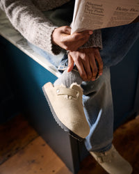 Male relaxing indoors wearing Birkenstock Boston Shearling Taupe Clogs with denim and gray sweater
