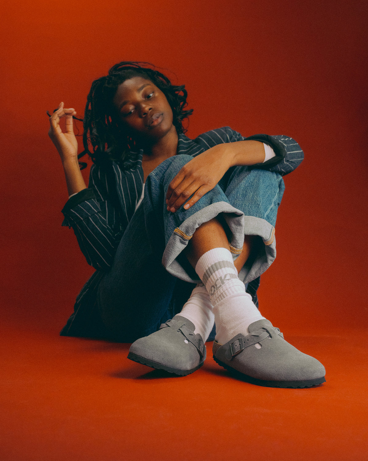 Birkenstock Boston Braided Clog in Basalt Gray Suede Leather