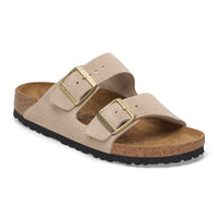Birkenstock Arizona Sandal in Sandcastle Suede with golden hardware
