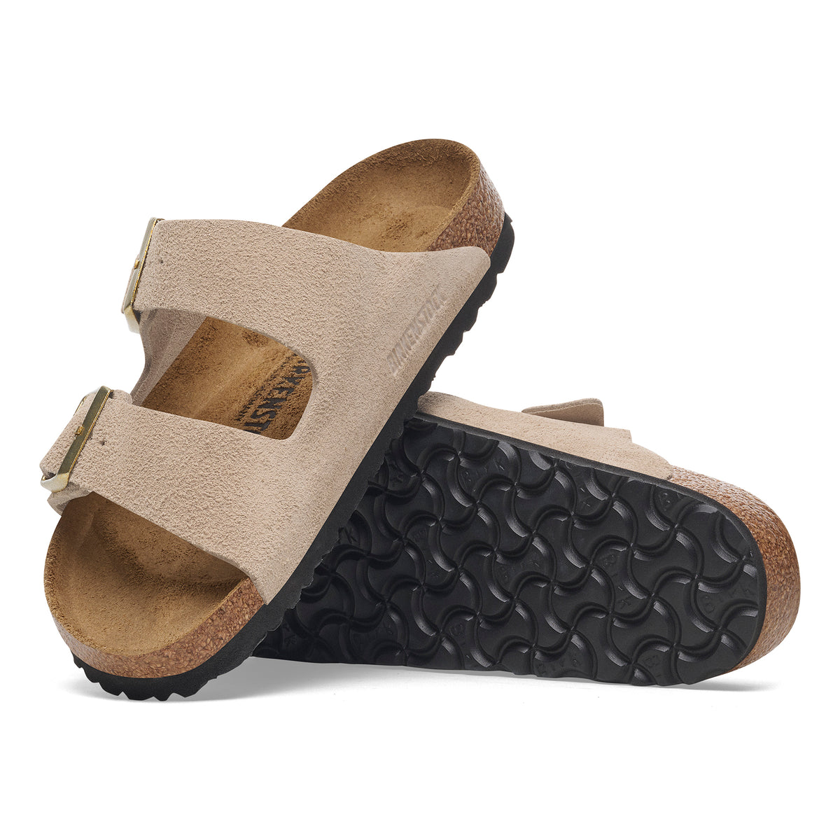 Birkenstock Arizona Sandal in Sandcastle Suede with golden hardware