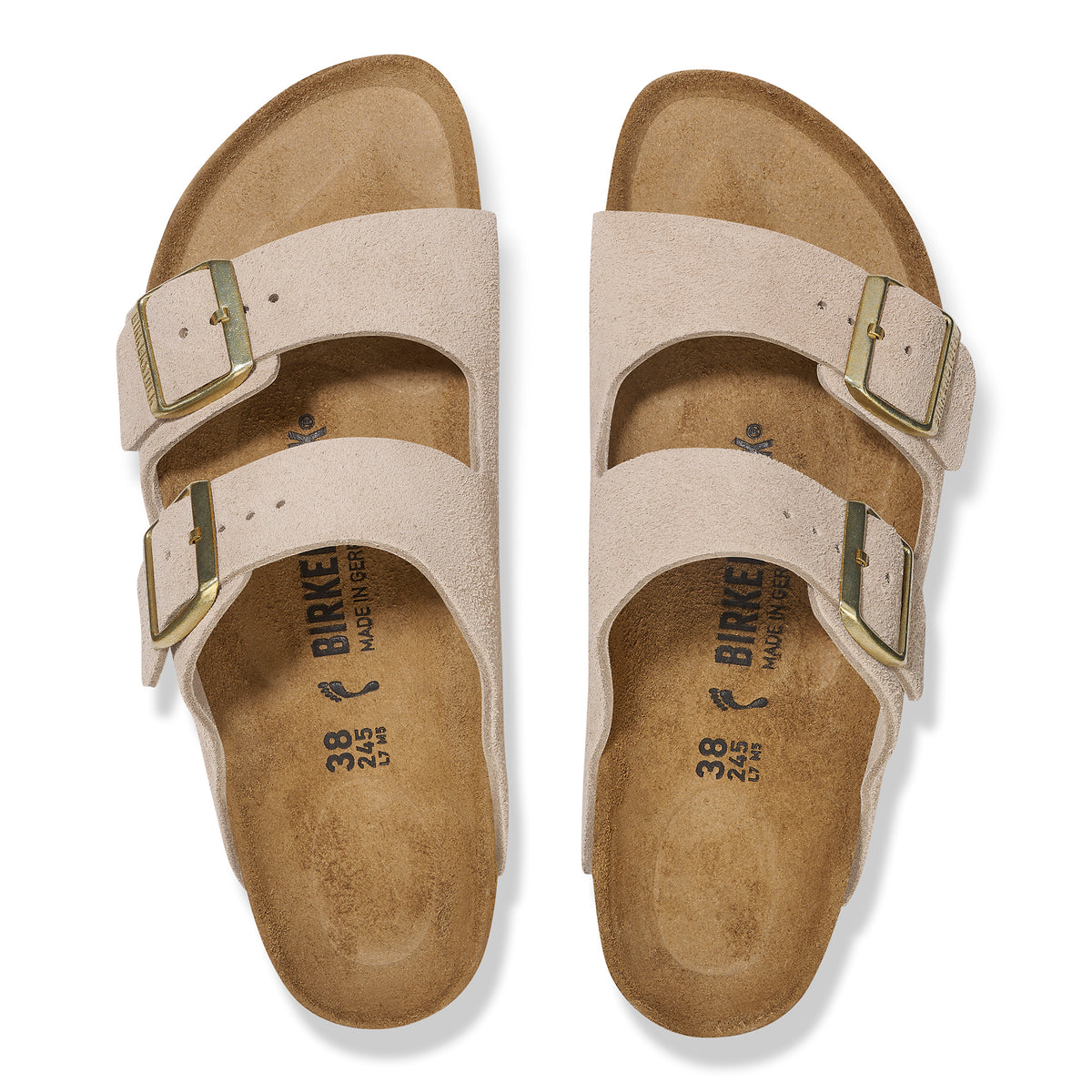 Birkenstock Arizona Sandal in Sandcastle Suede with golden hardware