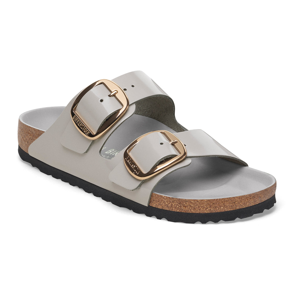 Birkenstock Arizona Big Buckle in Stone Coin Gray Natural High-Shine Leather Patent and golden buckle detail