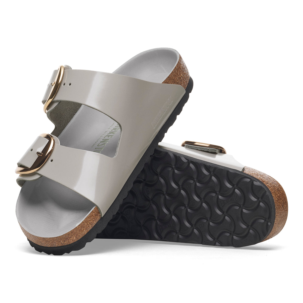 Birkenstock Arizona Big Buckle in Stone Coin Gray Natural High-Shine Leather Patent and golden buckle detail
