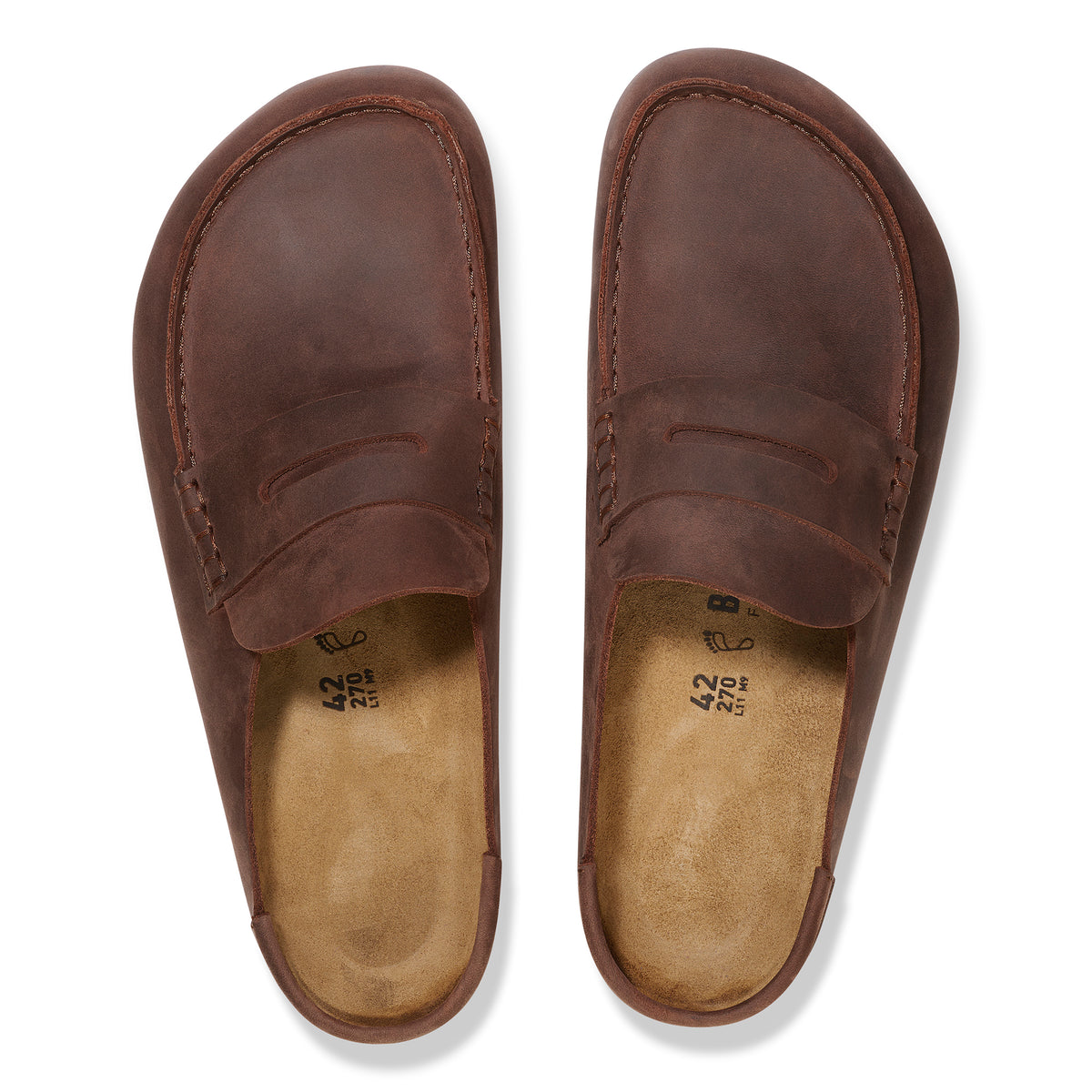 Pair of brown leather slip-on clogs on a white background
Birkenstock Naples Clog Wrapped in Habana Oiled Leather