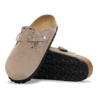 Women's Birkenstock Boston Rivet Clog in Taupe Suede Leather