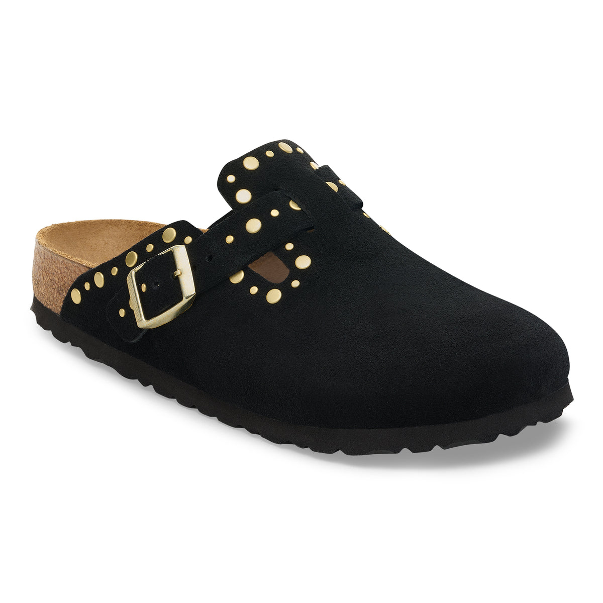 Angled side view of the Birkenstock Boston Rivet clog in soft suede showing buckle and rivet details.