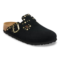Angled side view of the Birkenstock Boston Rivet clog in soft suede showing buckle and rivet details.